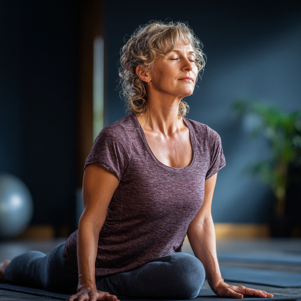 Middle-aged woman practicing gentle yoga stretches in a calm studio environment