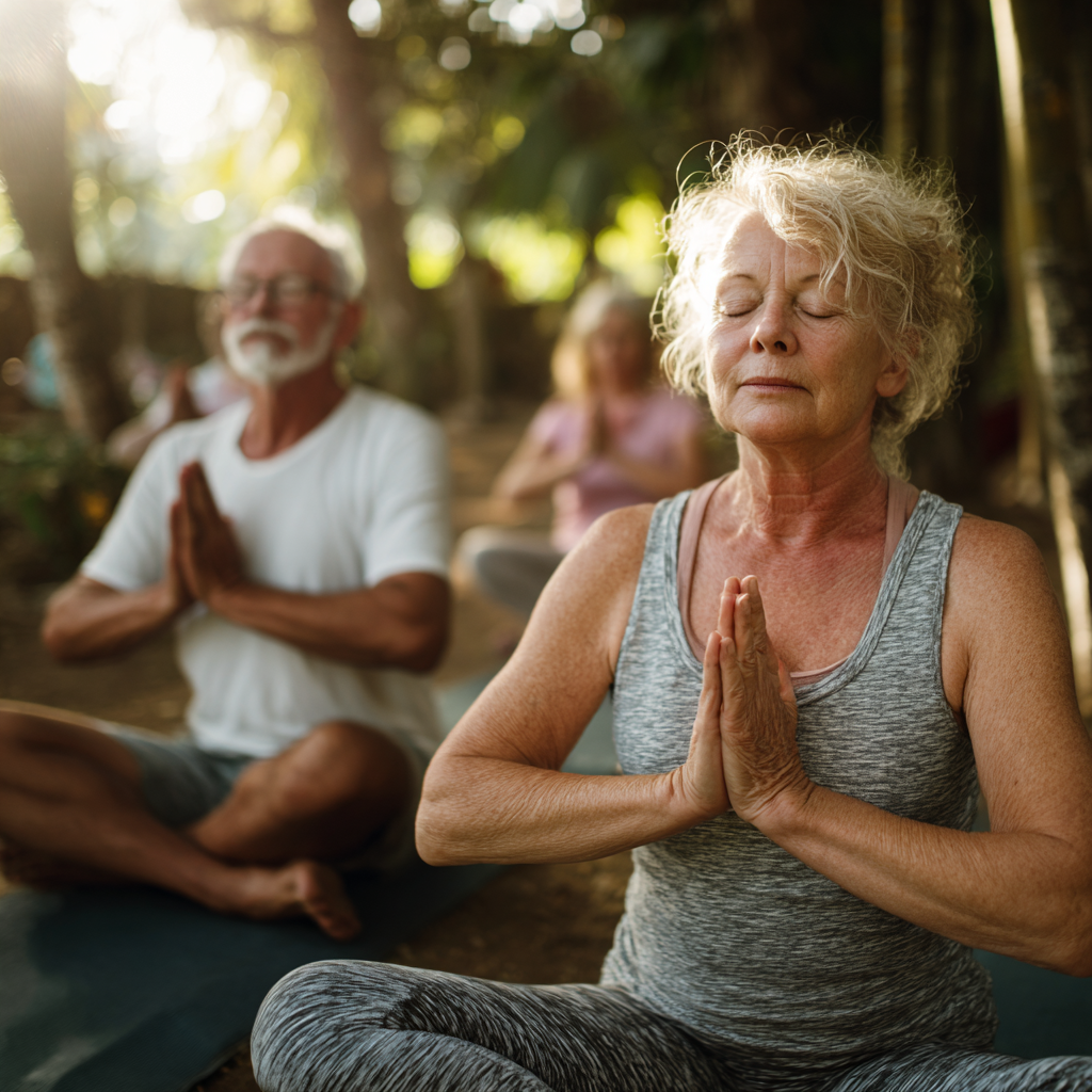 Older adults practicing mindful yoga poses in a peaceful natural setting